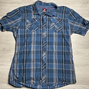 Quicksilver Mens XL Button Up Short Sleeve Shirt Blue Plaid Pockets Regular‎ Fit